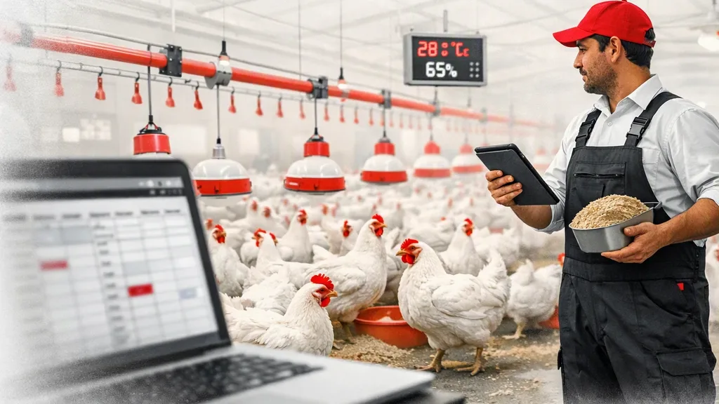 Galpón avícola con control operativo en tablet y planilla de datos reales